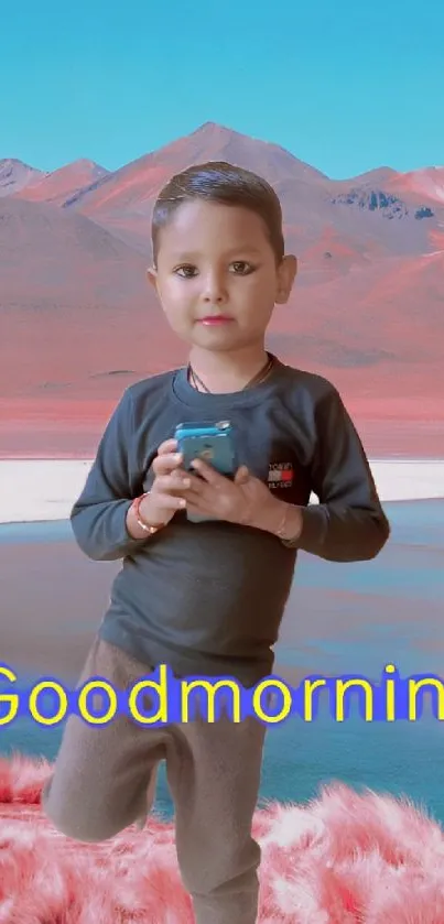 Child holding phone with mountains and colorful backdrop.