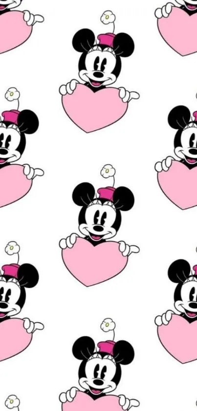 Cute cartoon mouse holding pink hearts pattern wallpaper.