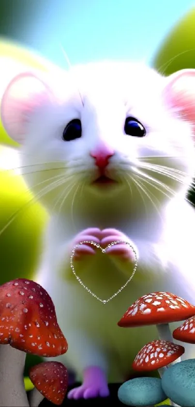 Cute mouse with heart and mushrooms in a colorful green setting.