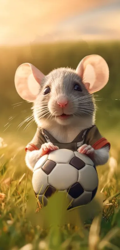 Adorable mouse holding a soccer ball on green grass at sunset.