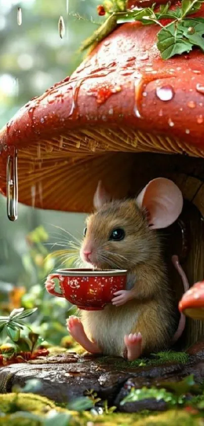 A cute mouse sipping tea under a red mushroom cap.