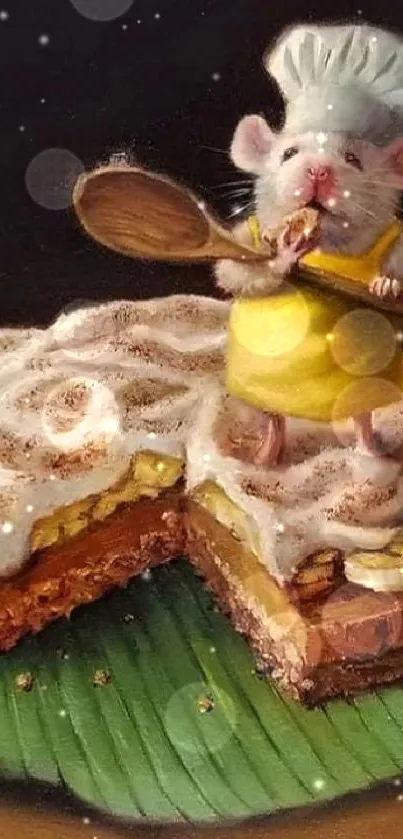 Adorable mouse chef with banana cake on a leaf.