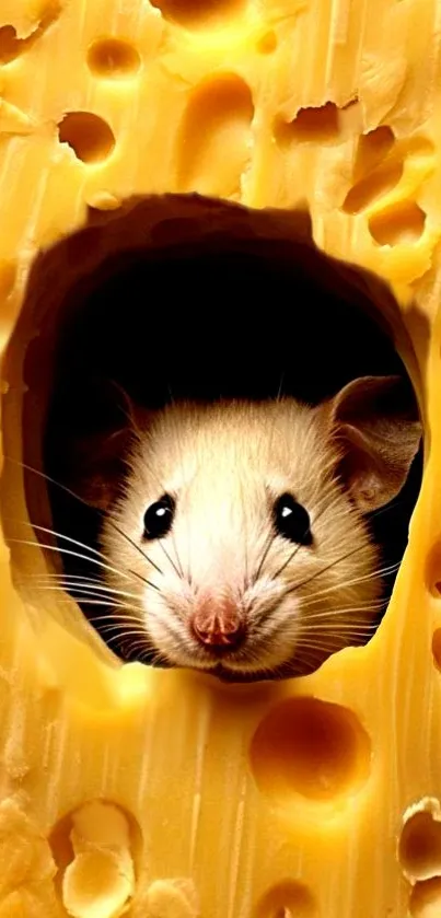 Cute mouse peeking through Swiss cheese hole.
