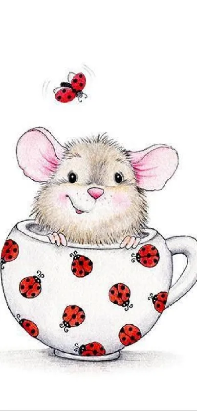 Adorable mouse in ladybug-decorated cup with ladybugs.