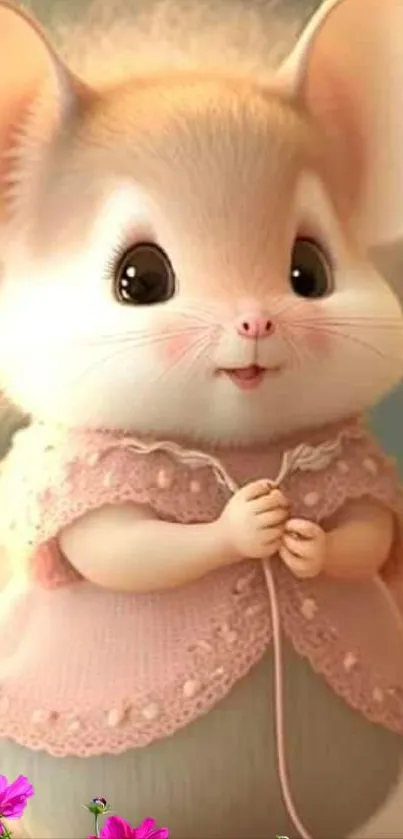 Cute animated mouse in a pastel pink dress, smiling warmly.