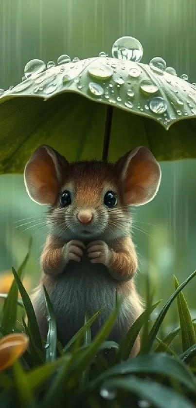 Cute mouse under a leaf umbrella in rain.