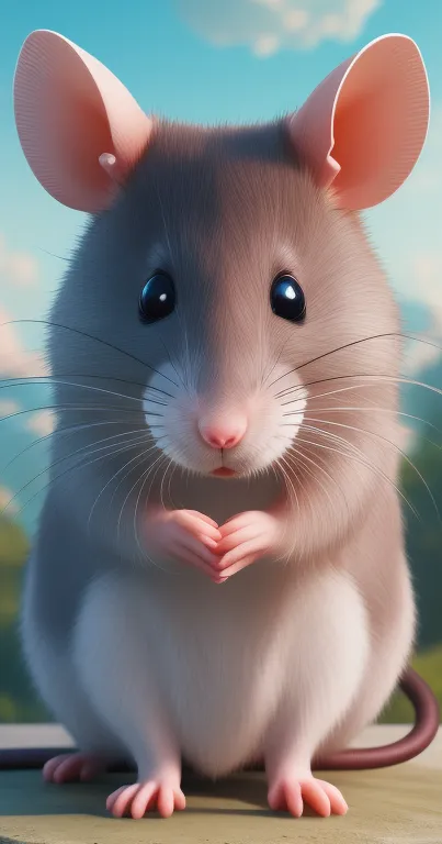 Cute, realistic mouse in nature setting with a calm, light blue background.