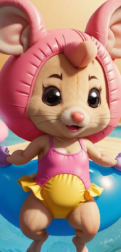 Adorable cartoon mouse in a pool float, wearing pink and yellow swimsuit.