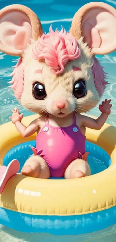 Cute mouse with pink hair on a pool float in charming summer setting.