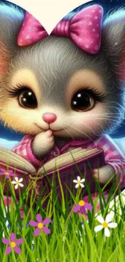 Cute mouse reading a book in a colorful meadow with flowers.