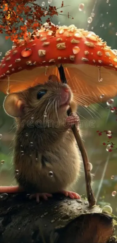 Cute mouse takes shelter under a vibrant mushroom in a magical forest.