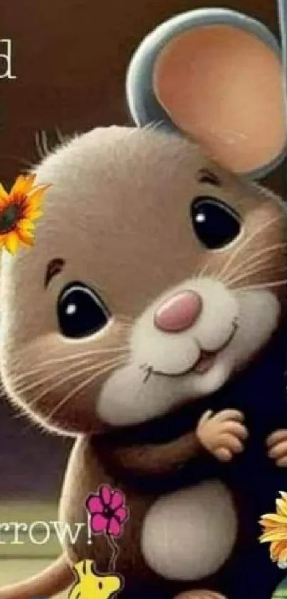 Cute mouse with flowers in colorful mobile wallpaper.
