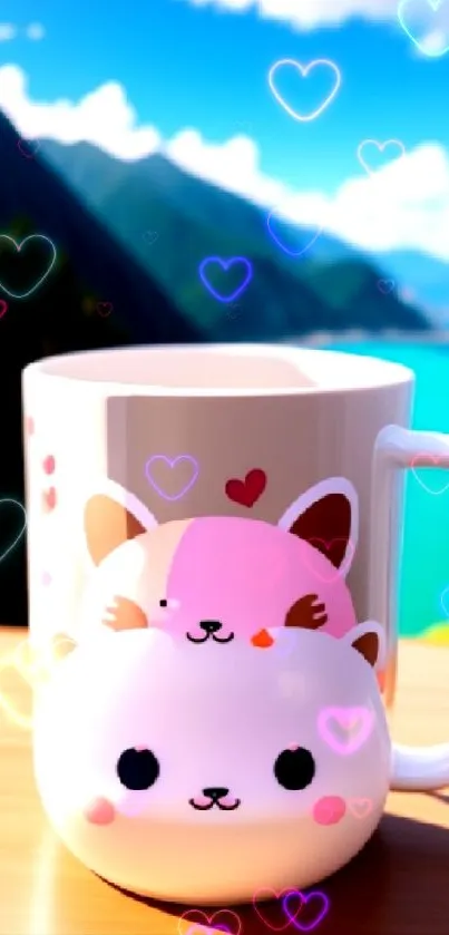 Adorable animal mug on table with mountain and lake view.