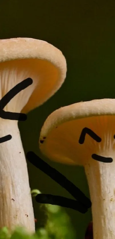 Cute cartoon mushrooms on mossy green background.