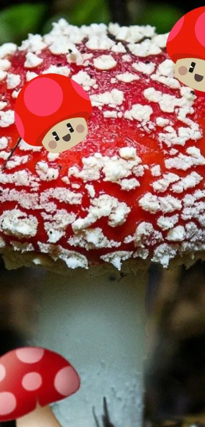 Cartoon mushrooms with red caps and white spots in a whimsical design.