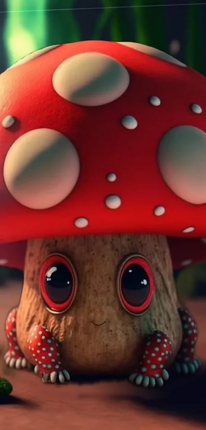 Cute mushroom character digital wallpaper in vibrant colors for mobile phones.