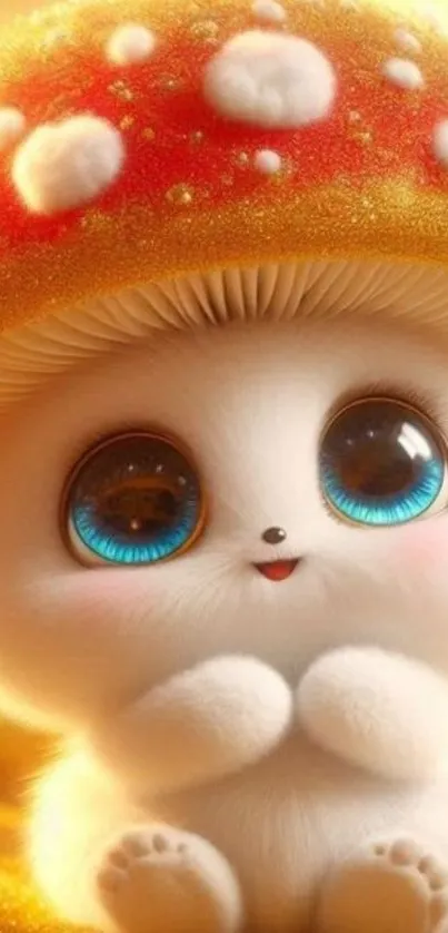 Cute fluffy character with mushroom cap and blue eyes on gold background.