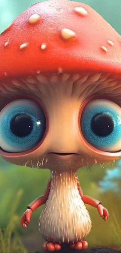 Cute mushroom character with big eyes in a colorful fantasy setting.