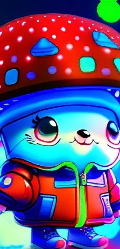 A cute cartoon mushroom character with vibrant colors on mobile wallpaper.