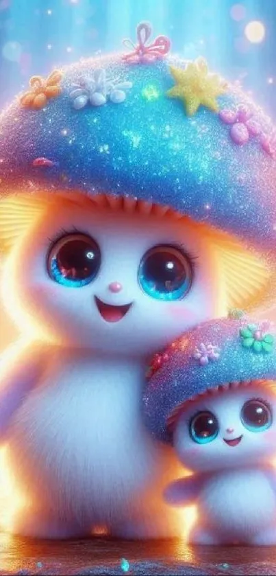 Adorable cartoon mushroom creatures with glowing hats.