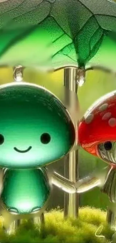 Cute mushroom friends under a leaf.