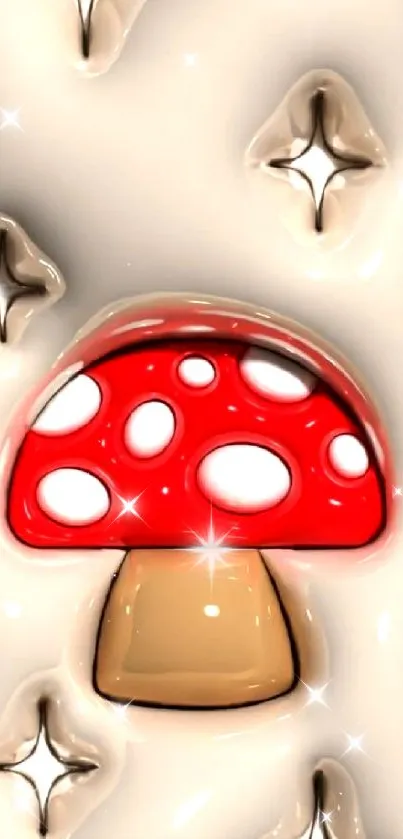 Glossy red mushroom surrounded by sparkling accents on beige background.