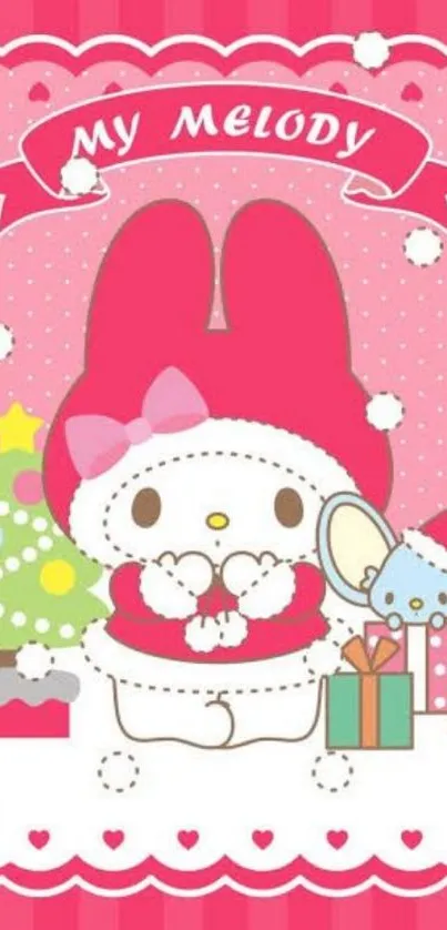 Cute My Melody Christmas wallpaper with gifts and tree.