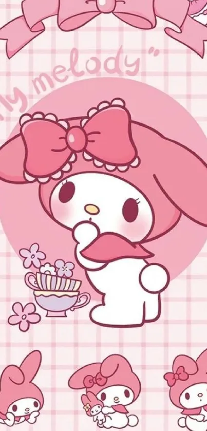 My Melody in pink theme mobile wallpaper with grid background.