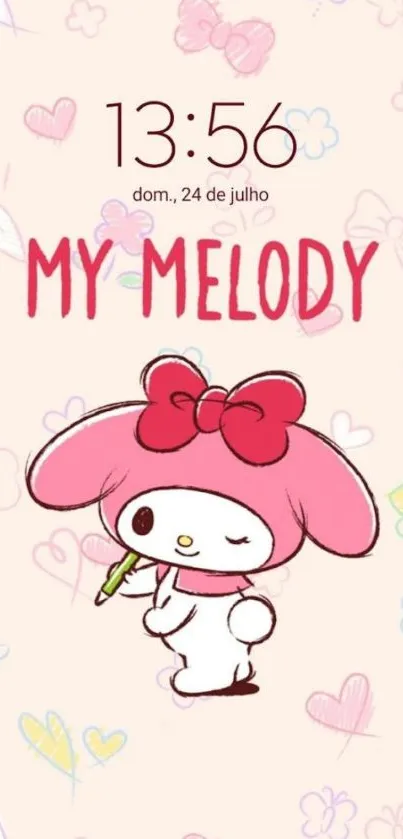 Cute My Melody wallpaper with pastel colors and hearts.