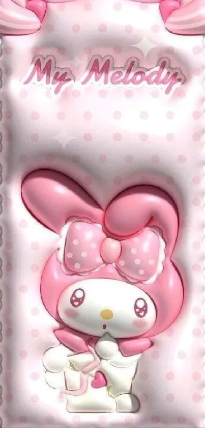 Cute My Melody character in pink tones with polka dot background.