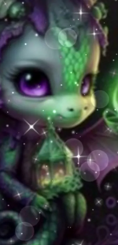 Cute mystical dragon with glowing eyes and magical charm.