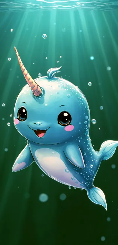 Cute cartoon narwhal swimming in blue ocean.