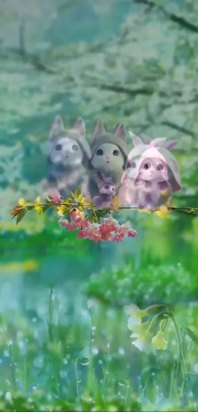 Cute animals in a lush green landscape with cherry blossoms.