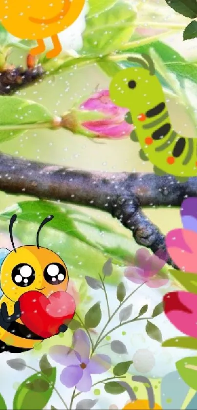 Cute cartoon bee on colorful nature-themed wallpaper.