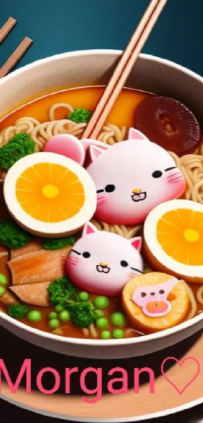 Cute neko-shaped fish cakes in ramen bowl wallpaper.