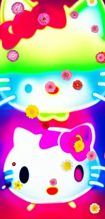 Colorful neon wallpaper with cute cat and floral elements.