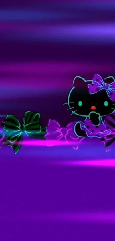 Neon-themed cat wallpaper with purple and colorful bows on a vibrant background.