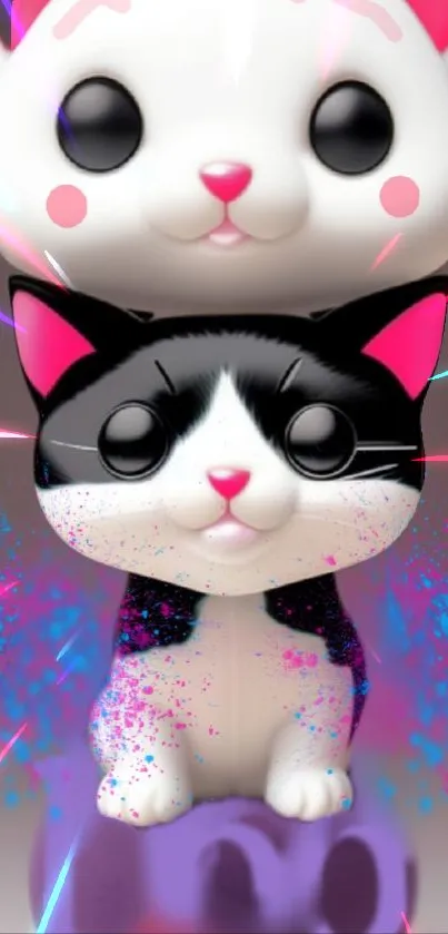 Neon-themed cartoon cat stack wallpaper with blue and pink accents.