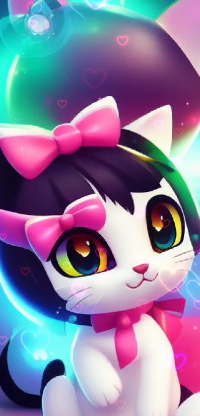 Cute neon cat with pink bows and colorful background.