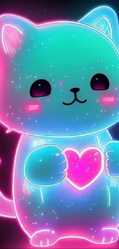 Neon cat with heart glowing in vibrant colors, perfect wallpaper.