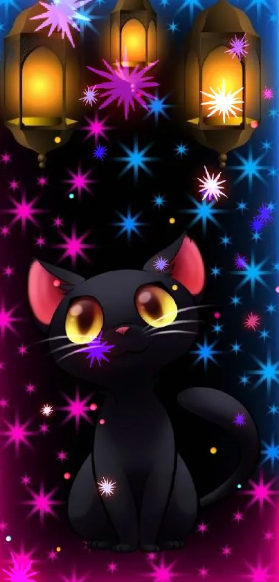 Black cat with neon lights and lanterns mobile wallpaper.