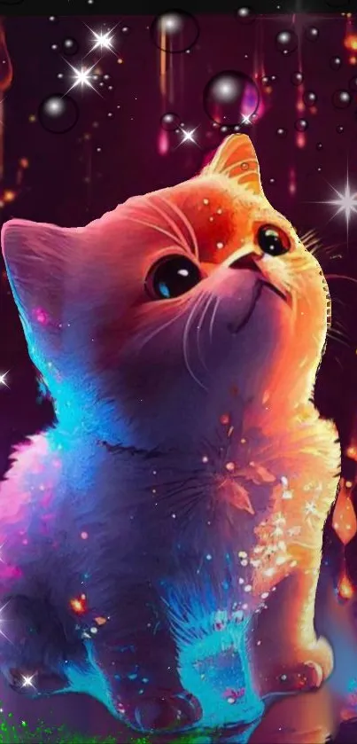 Cute neon cat with colorful glowing details in a vibrant artistic setting.