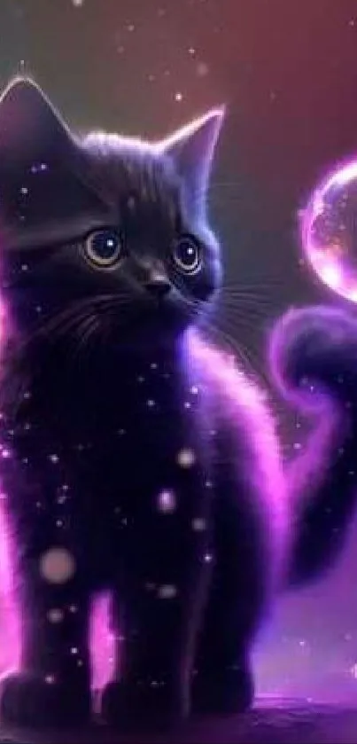 Magical neon cat with bubbles in a glowing purple scene.