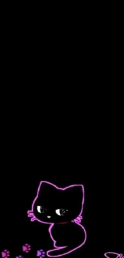 Neon-outlined cute cat on dark wallpaper.