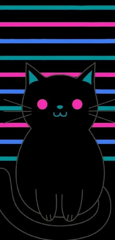 Cute neon cat with colorful stripes background.