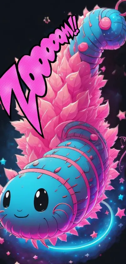 Vibrant neon caterpillar with pink spikes in comic style art.