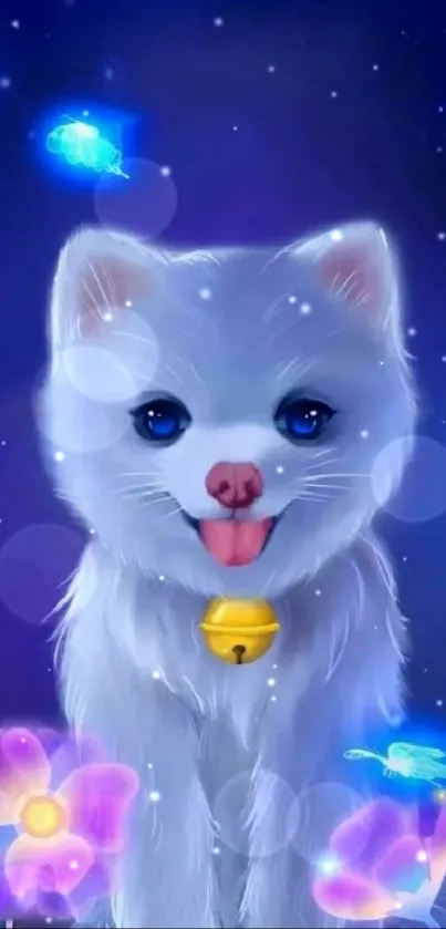 Adorable white puppy with glowing flowers on a dark blue background.