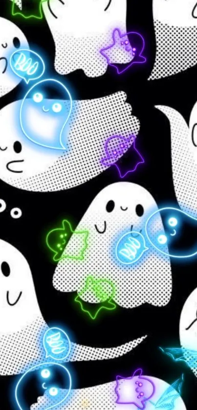 Cute neon ghosts on black background wallpaper.