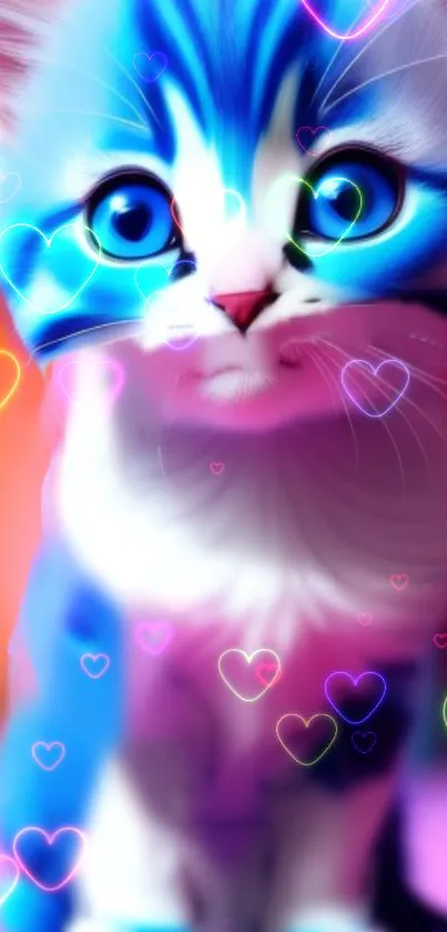 Neon blue kitten with colorful heart accents on mobile wallpaper.