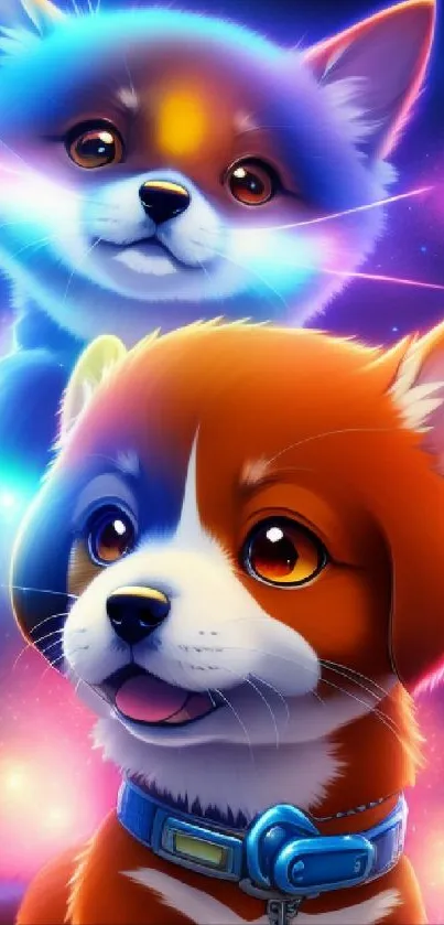 Colorful neon puppies in galaxy-themed wallpaper.